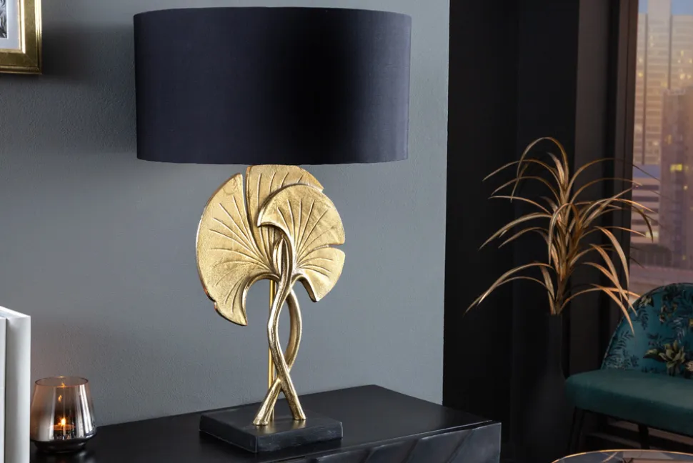 Dekorative Tischlampe GINKGO 62cm schwarz gold Metall Skulptur Leuchte mit Marmorfuß