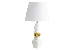 Dekorative Tischlampe STONES OF ZEN 70cm weiß gold mit Stoffschirm rund