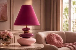 Dekorative Tischlampe STONES OF ECSTASY 60cm pink rosa gold mit Stoffschirm rund