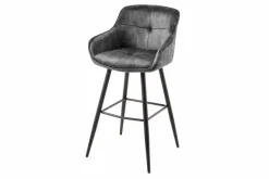 Design Barhocker EUPHORIA grau Samt schwarze Metallbeine Barstuhl mit Lehne