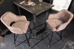 Design Barhocker PARIS greige Samt mit Lehne Metall schwarz gold Ziersteppung