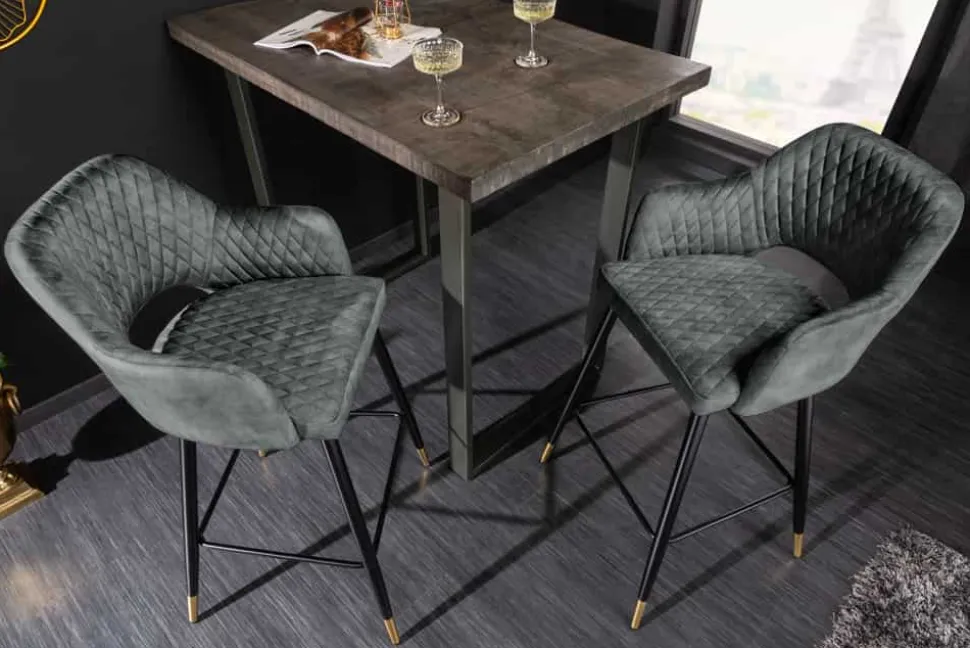 Design Barhocker PARIS grün Samt mit Lehne Metall schwarz gold Ziersteppung