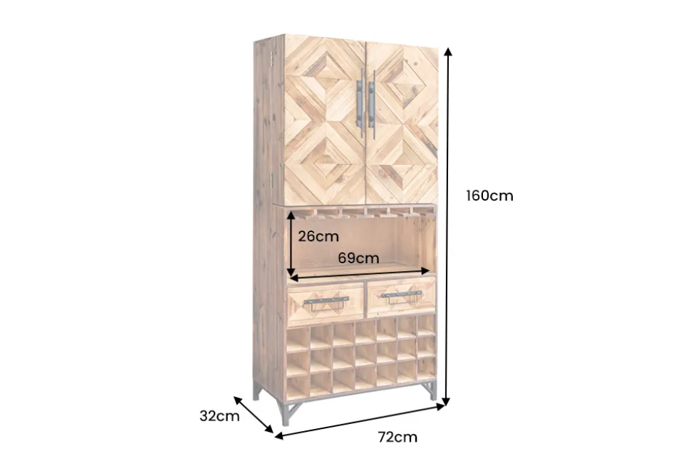 Design Barschrank BODEGA 160cm natur Pinienholz Weinregal Glashalter Schubladen
