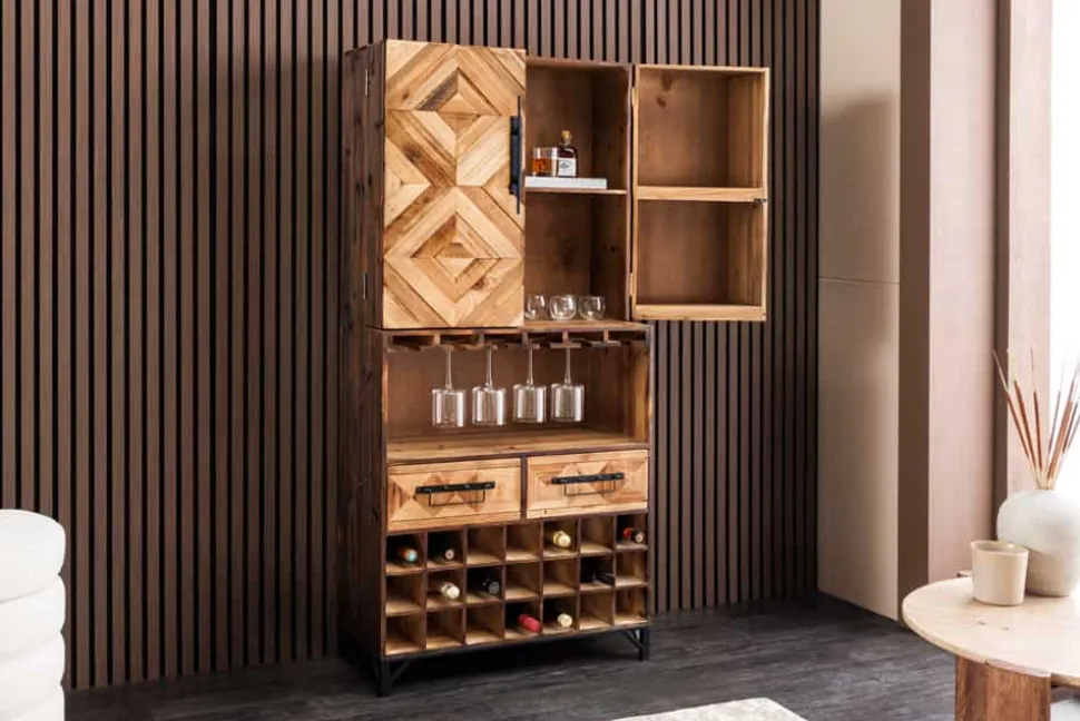 Design Barschrank BODEGA 160cm natur Pinienholz Weinregal Glashalter Schubladen