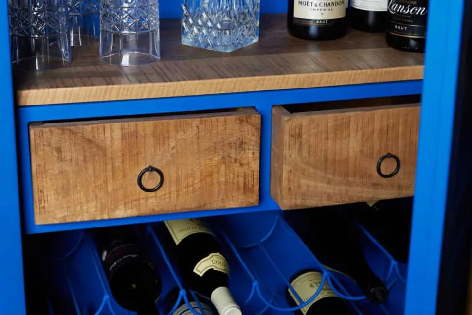 Design Barschrank Container GLOBETROTTER 180cm blau Weinregal Upcycling