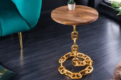 Design Beistelltisch CHAINS 55cm gold Mangoholz handmade Metall rund Kettengestell massiv