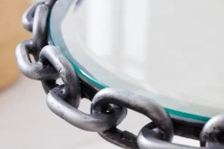 Design Beistelltisch CHAINS 35cm silber handmade Metall rund Glasplatte Kettengestell