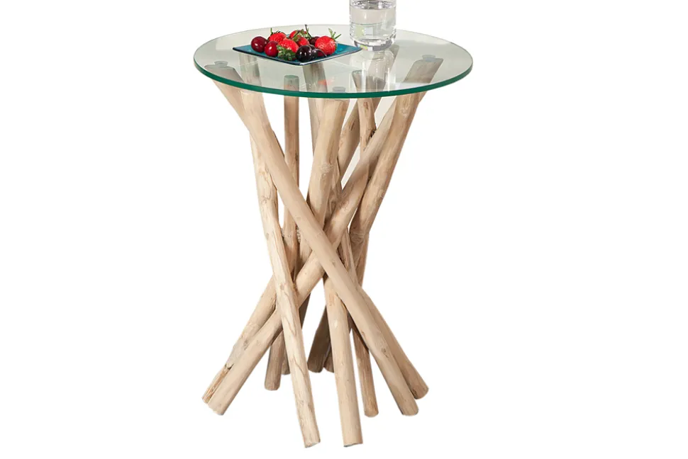 Design Beistelltisch DRIFTWOOD 40cm Teakholz mit Glasplatte rund Couchtisch