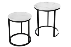 Design Beistelltisch ELEGANCE 2er Set weiß rund Kristallglas mit Marmor-Dekor schwarzes Gestell