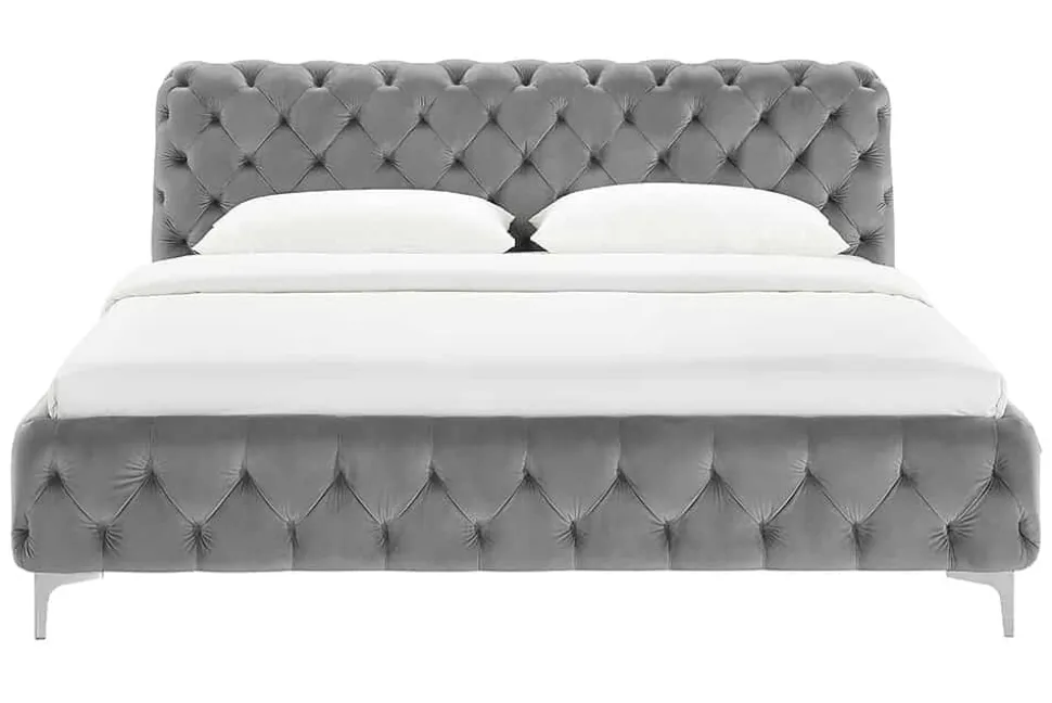 Design Bett MODERN BAROCK 160x200cm grau Samt Chesterfield Doppelbett