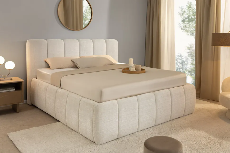 Design Boxbett ADLON 180x200cm beige Chenille Cremona mit Stauraum und Lattenrost