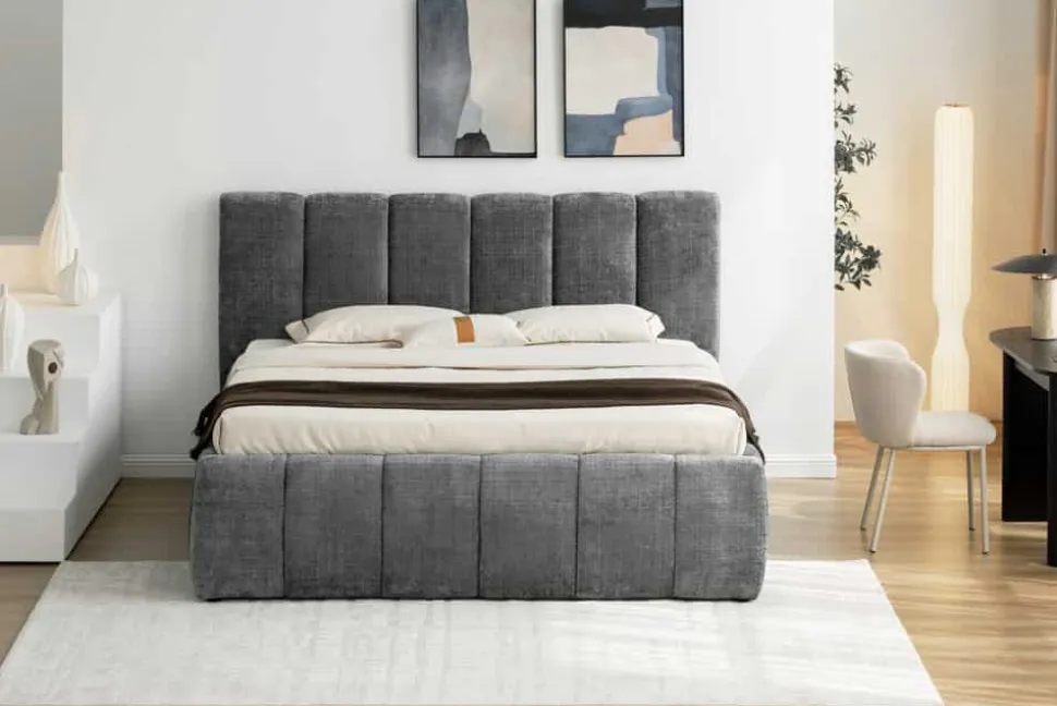 Design Boxbett ADLON 180x200cm grau Chenille mit Stauraum und Lattenrost