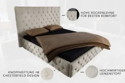 Design Boxbett PARIS 180x200cm beige Leinen Chesterfield Doppelbett