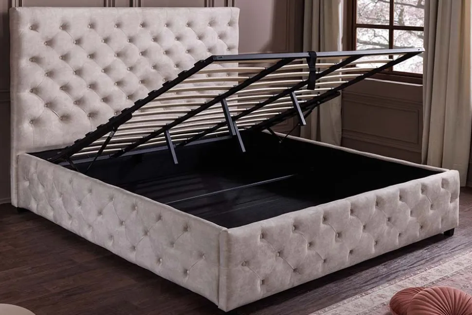 Design Boxbett PARIS 160x200cm champagner beige Samt mit Stauraum und Lattenrost