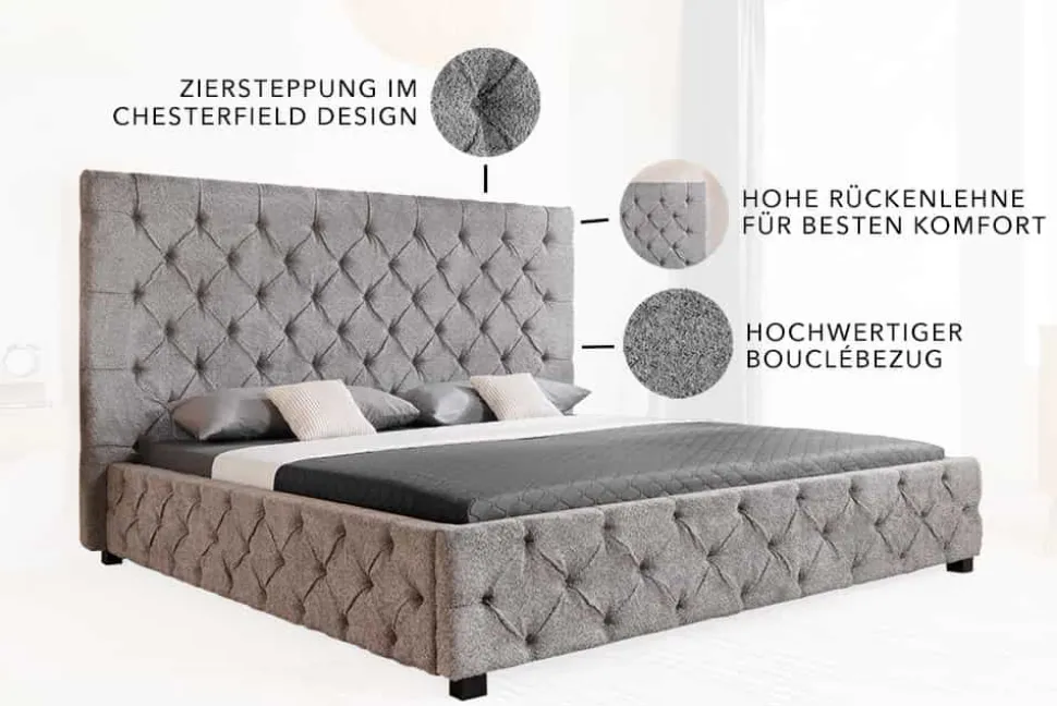 Design Boxbett PARIS 180x200 cm grau Bouclé Chesterfield