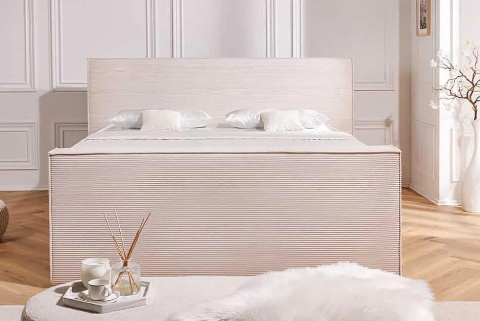 Design Boxspringbett SIGNUM 180x200cm beige Cord inkl. Topper Matratze und Stauraum