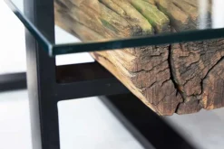 Design Couchtisch BARRACUDA 130cm recyceltes Teakholz Glasplatte schwarz Edelstahl Industrial