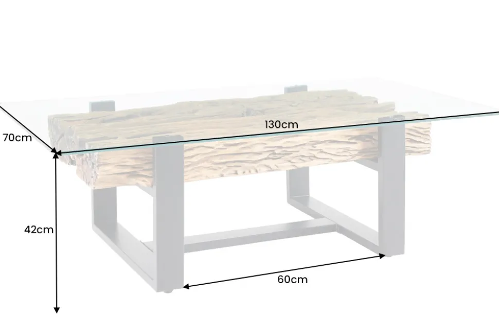 Design Couchtisch BARRACUDA 130cm recyceltes Teakholz Glasplatte schwarz Edelstahl Industrial