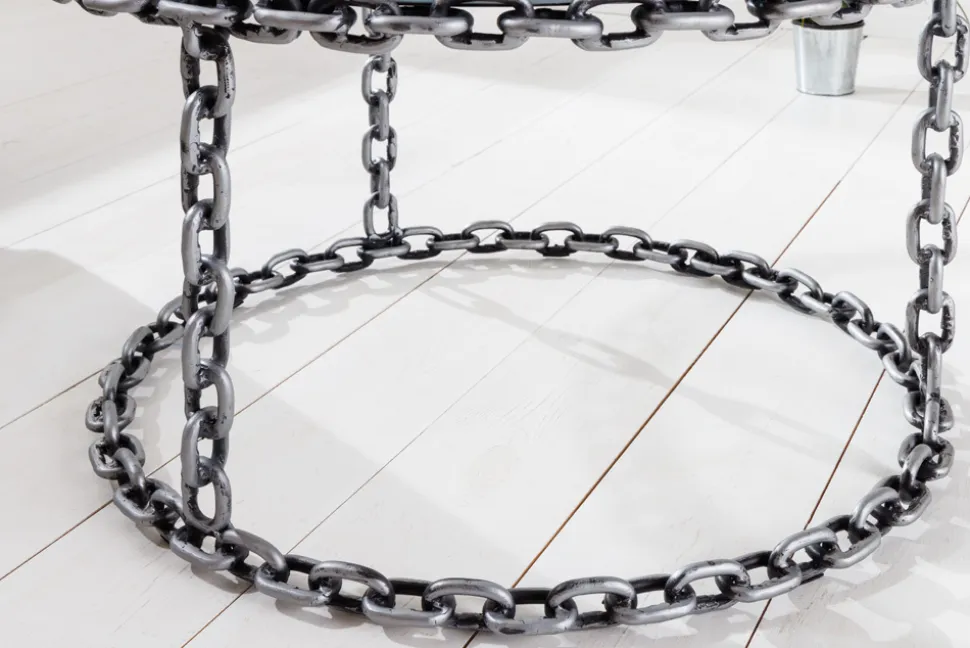 Design Couchtisch CHAINS 65cm silber handmade Metall rund Glasplatte Kettengestell