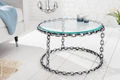 Design Couchtisch CHAINS 65cm silber handmade Metall rund Glasplatte Kettengestell