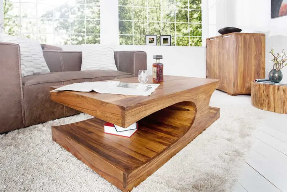 Design Couchtisch CUBUS 120cm braun Sheesham Massivholz stone finish mit Stauraum