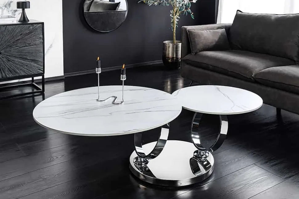 Design Couchtisch DANCING RINGS weiß rund drehbar Marmor Keramik Chrome Gestell