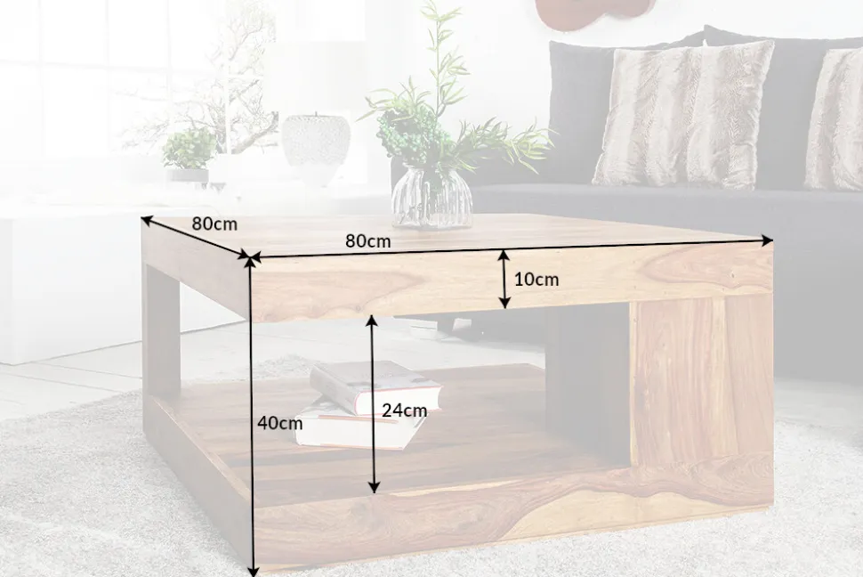 Design Couchtisch GIANT 80cm braun Sheesham Massivholz stone finish mit Ablage