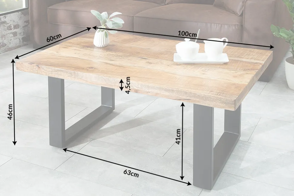 Design Couchtisch IRON CRAFT 100cm Mangoholz Eisen Industrial Design massiv schwarzes Gestell