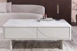 Design Couchtisch SAVOY 120cm kaschmir weiß Keramik Marmor mit Schubladen