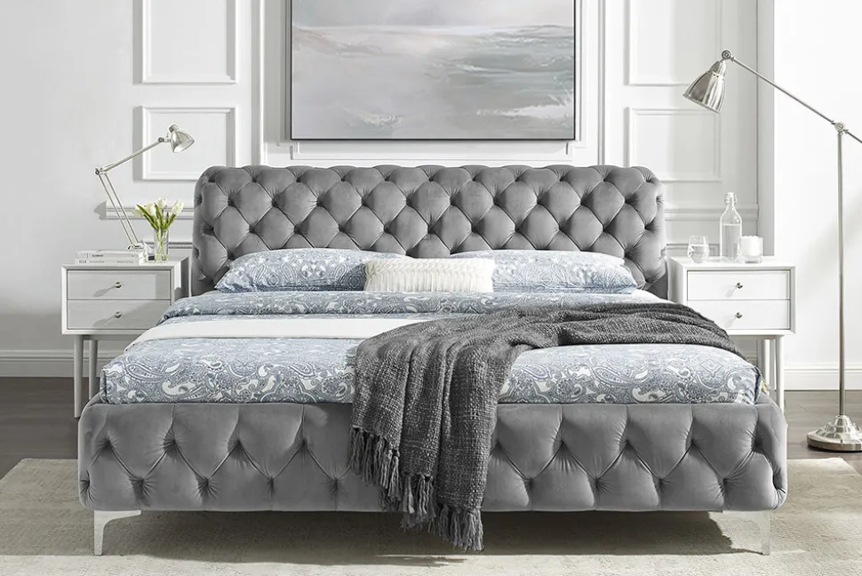 Design Doppelbett MODERN BAROCK 180x200cm grau Samt Chesterfield