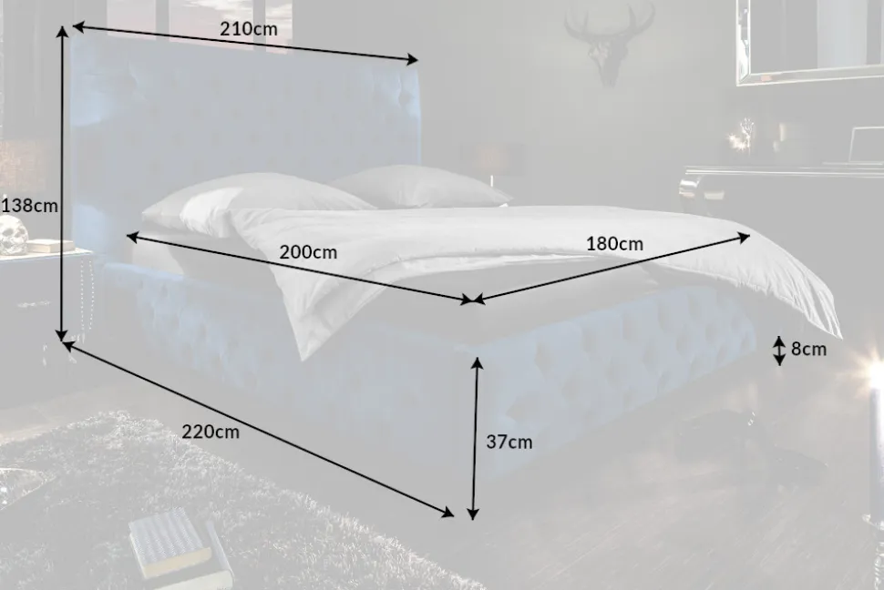 Design Doppelbett PARIS 180x200cm dunkelblau Samt Chesterfield