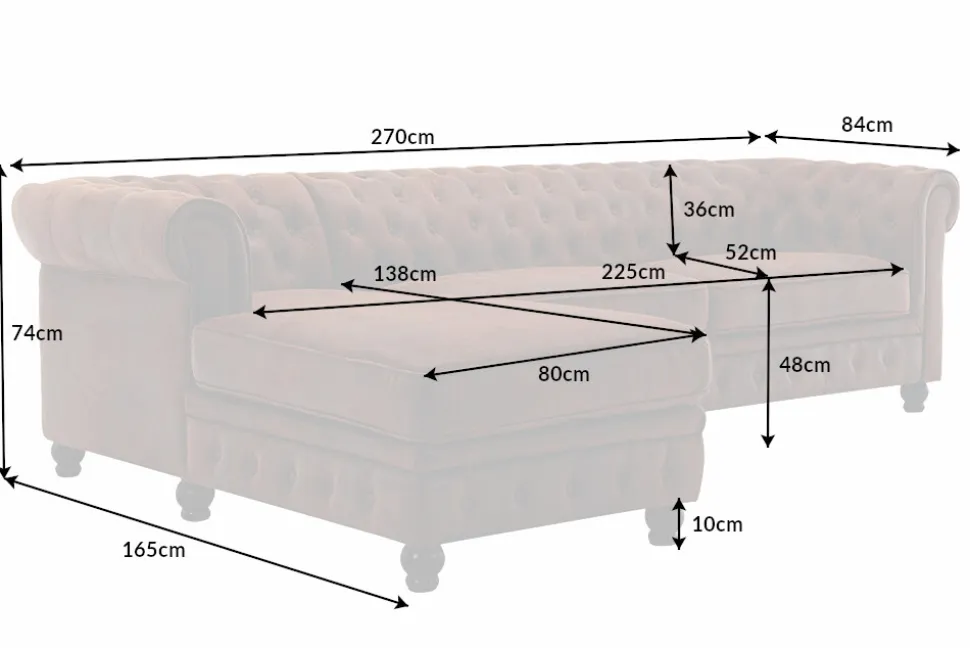 Design Ecksofa CHESTERFIELD 270cm antik braun Microfaser Federkern Ottomane links Vintage