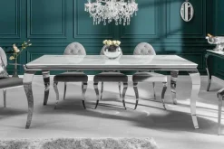 Design Esstisch MODERN BAROCK 180cm weiß chrom Glasplatte Marmor Edelstahlbeine