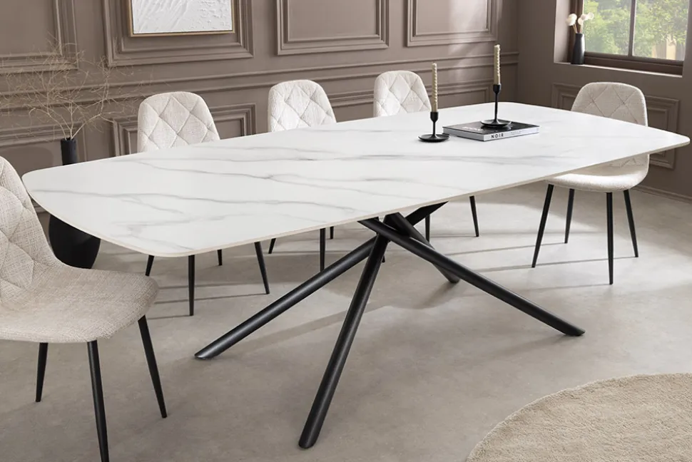 Design Esstisch OSAKA 200cm weiß Keramik schwarz Sterngestell Metall