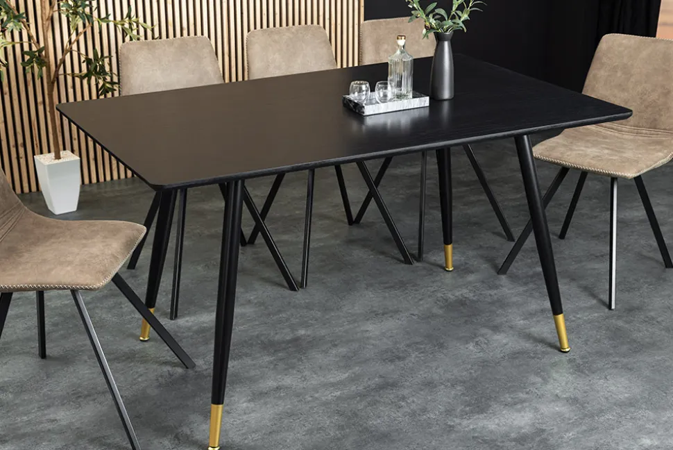 Design Esstisch PARIS 120cm schwarz Eichenholz mit goldenen Fußkappen