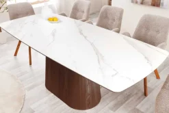 Design Esstisch UNIQUE 200cm weiß Walnuss Keramik Marmor Säulenfuß