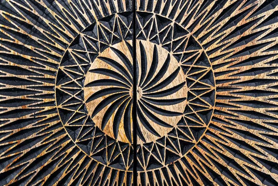 Design Highboard ILLUSION 120cm schwarz Mangoholz Massivholz mit 3D Schnitzereien gold Eisen Metallgestell
