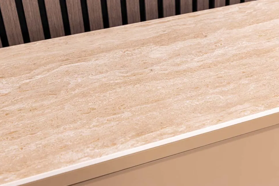 Design Highboard SAVOY 130cm grau beige greige Travertin Keramik Stauraum 3D-Front