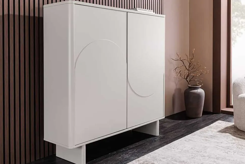 Design Highboard SAVOY 130cm kaschmir weiß Marmor Keramik mit Stauraum und 3D-Front