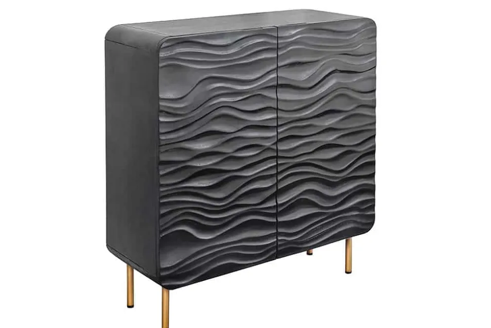Design Highboard WAVE 120cm schwarz Mangoholz mit 3D Schnitzereien mattgold Metallbeine