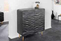 Design Highboard WAVE 120cm schwarz Mangoholz mit 3D Schnitzereien mattgold Metallbeine