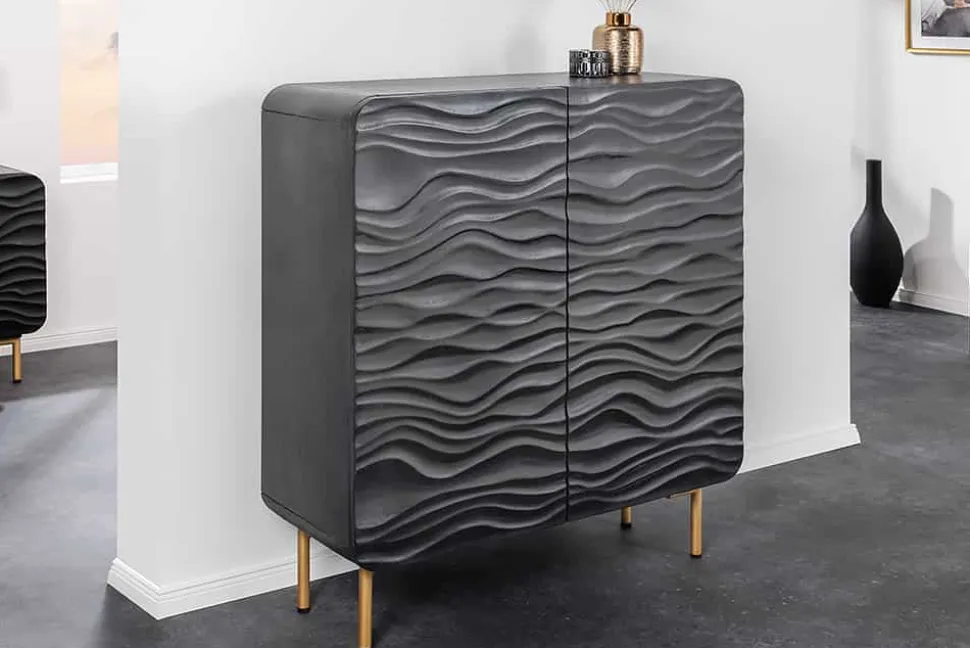 Design Highboard WAVE 120cm schwarz Mangoholz mit 3D Schnitzereien mattgold Metallbeine
