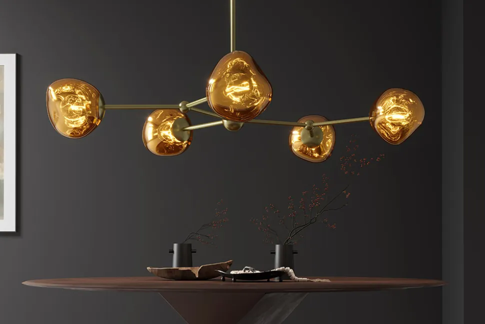 Design Hängelampe LIQUID DIAMOND 100cm gold Glas Stahl fünf Schirme Kugelleuchte