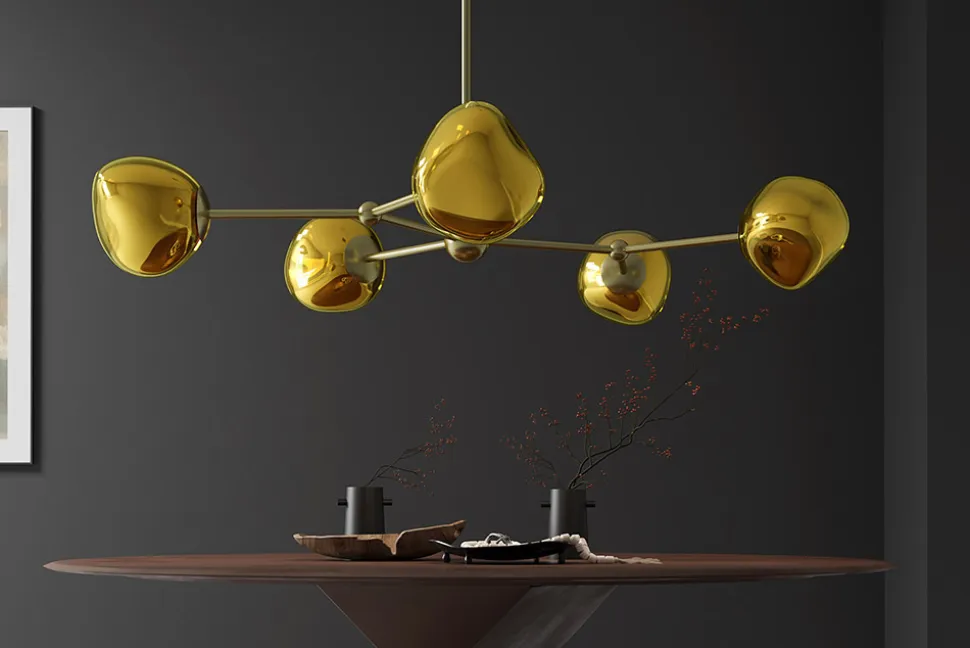 Design Hängelampe LIQUID DIAMOND 100cm gold Glas Stahl fünf Schirme Kugelleuchte
