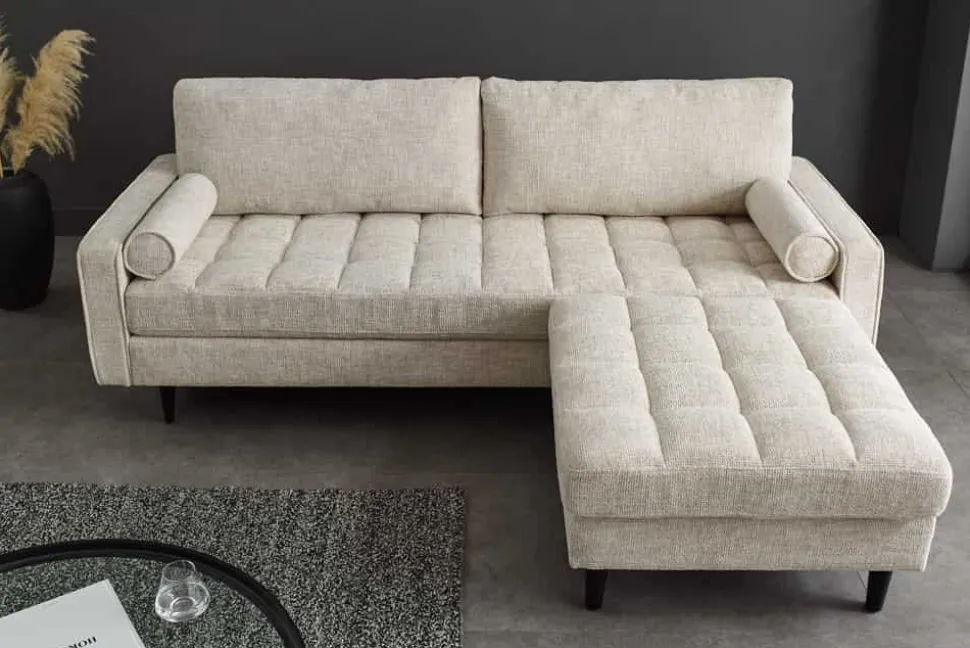 Design Hocker COZY VELVET 80cm beige Chenille Federkern Holzfüße