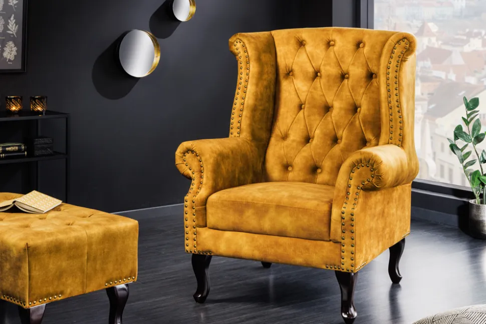 Design Ohrensessel CHESTERFIELD 85cm senfgelb Samt Knopfheftung