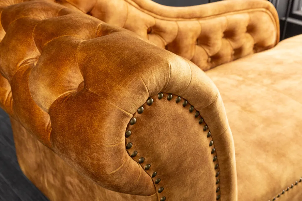 Design Récamière CHESTERFIELD 170cm senfgelb Samt Knopfheftung Nietenbesatz