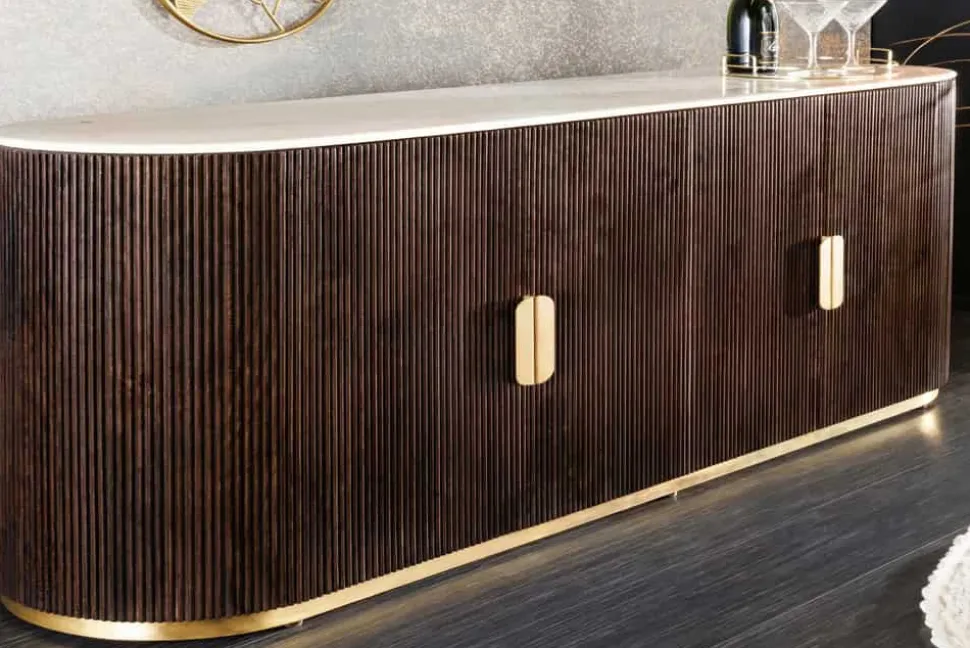 Design Sideboard GATSBY 170cm braun gold Mangoholz weiße Marmorplatte