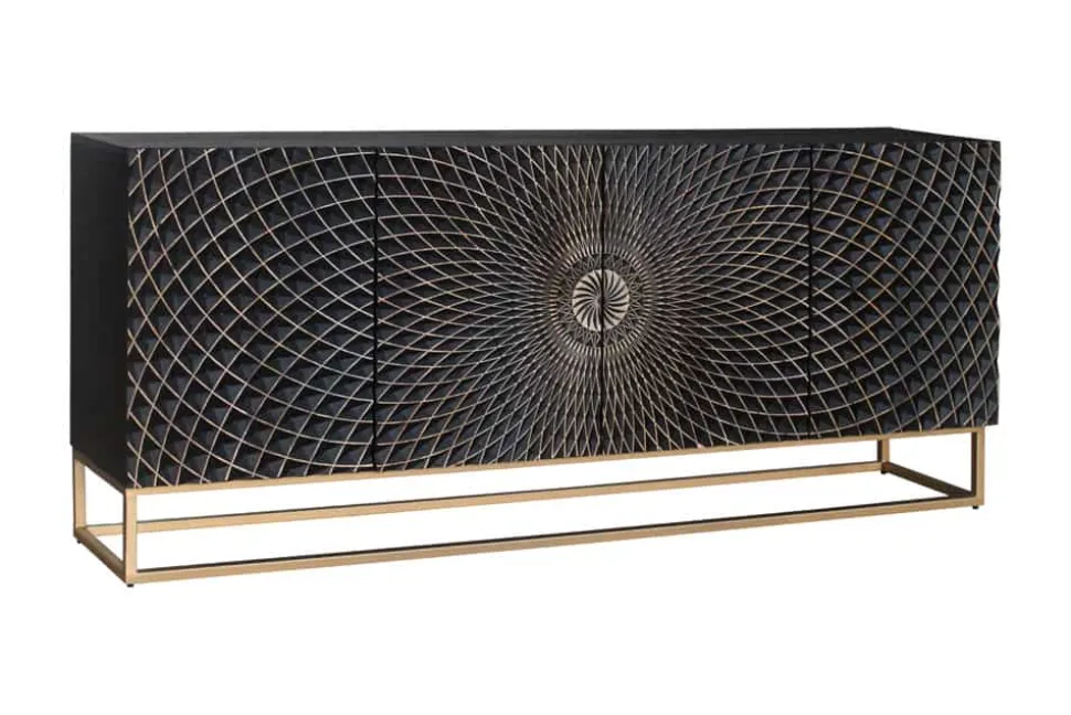 Design Sideboard ILLUSION 180cm schwarz Mangoholz Massivholz mit 3D Schnitzereien gold Eisen Metallgestell