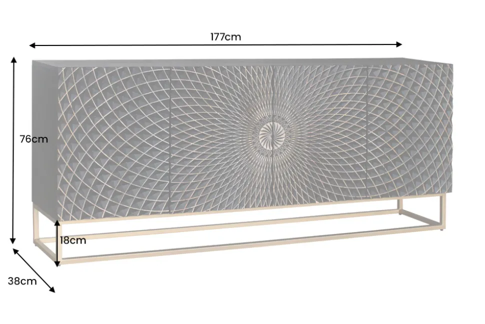 Design Sideboard ILLUSION 180cm schwarz Mangoholz Massivholz mit 3D Schnitzereien gold Eisen Metallgestell